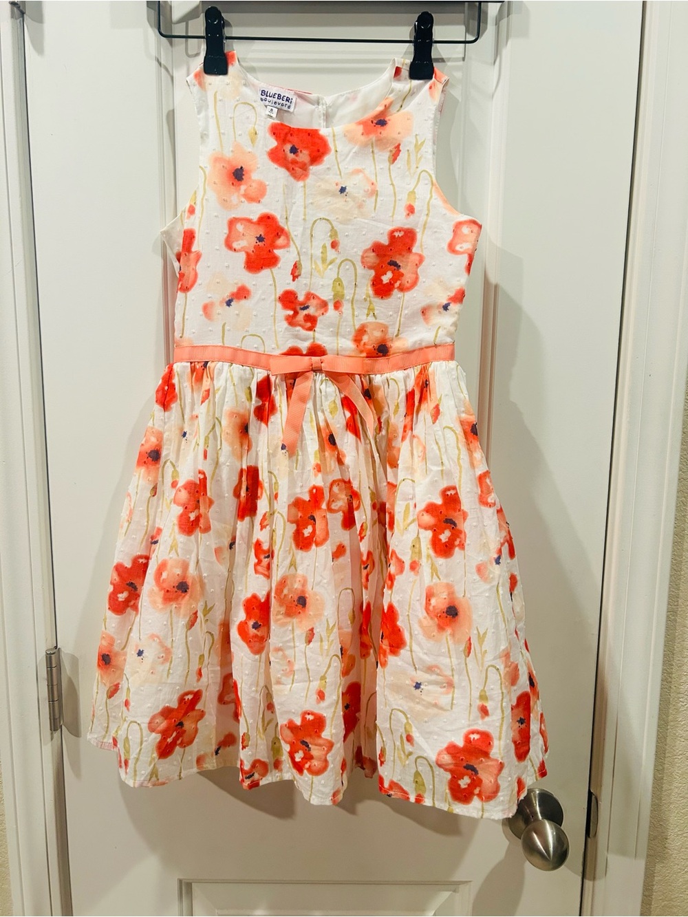Blueberi Boulevard Dress White with Coral Poppy Flowers Sleeveless Summer Size 8